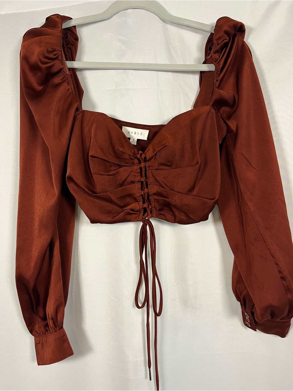 Mable rust satin corset lace up puff sleeve crop top sz s sexy night out - Picture 2 of 7